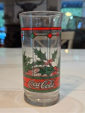 Vintage collectible Coca-Cola Christmas Holly stained Glass drinking glass